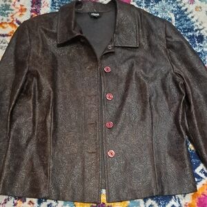 Lux Dark Brown Embossed Leather Jacket with Red Accents